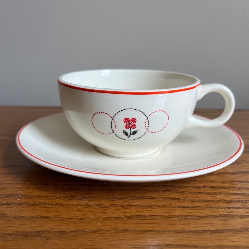 Vintage‎ MCM Calico by Salem Tea Cup and Saucer Set Red Black Floral Cottagecore